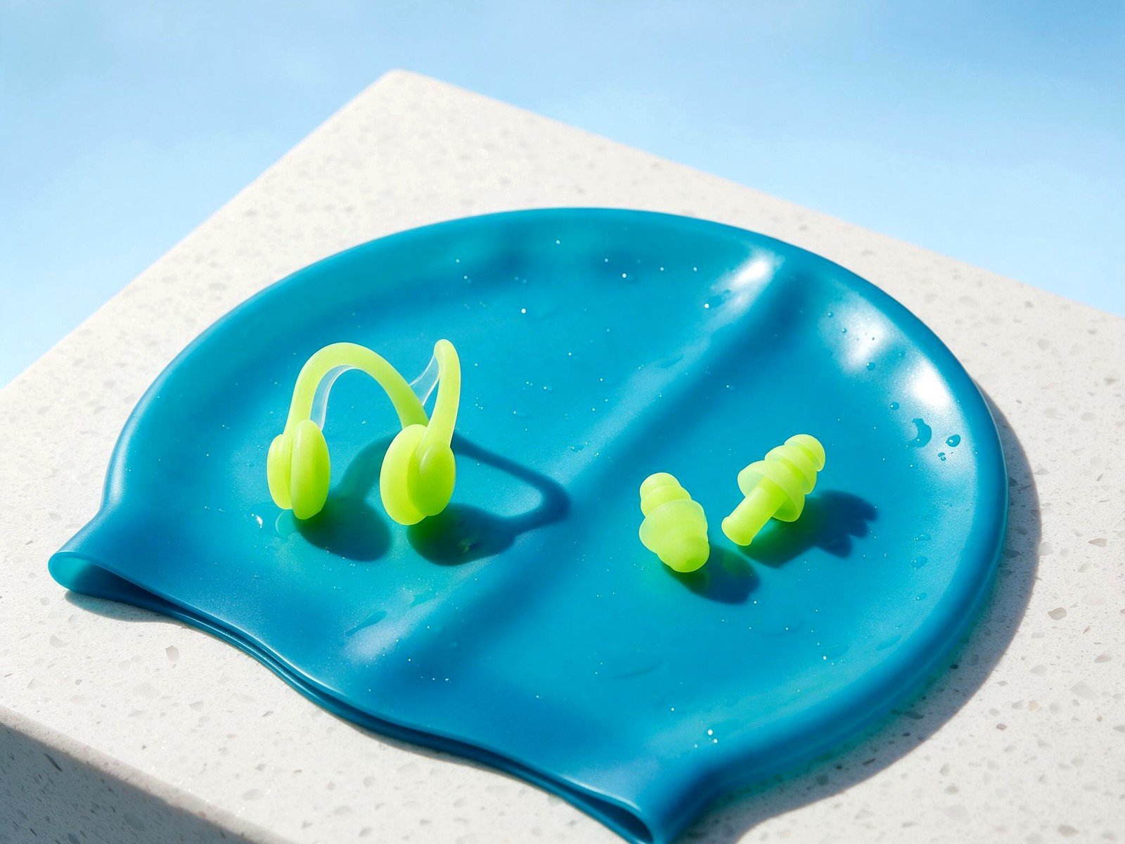 Swimming accessories including silicone swim caps, ear plugs and nose clip set